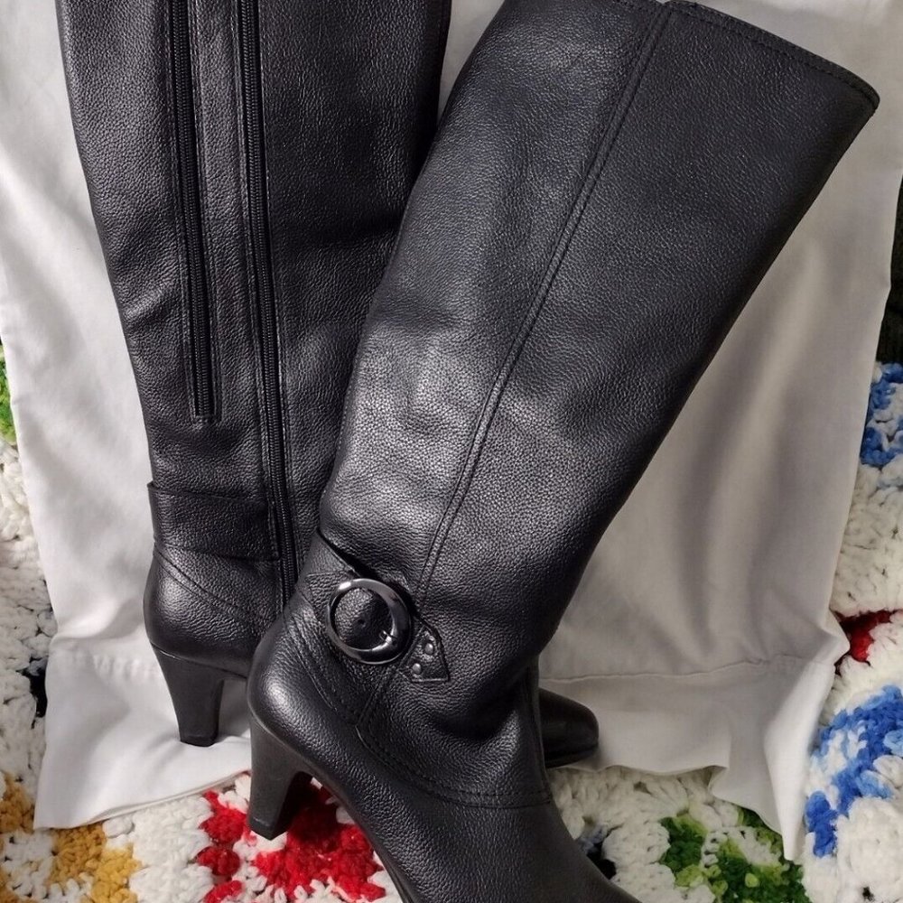 Aerosoles Incredible 9.5M  Heel Rest Knee Boots Black Pebble Leather Chunky Heel
